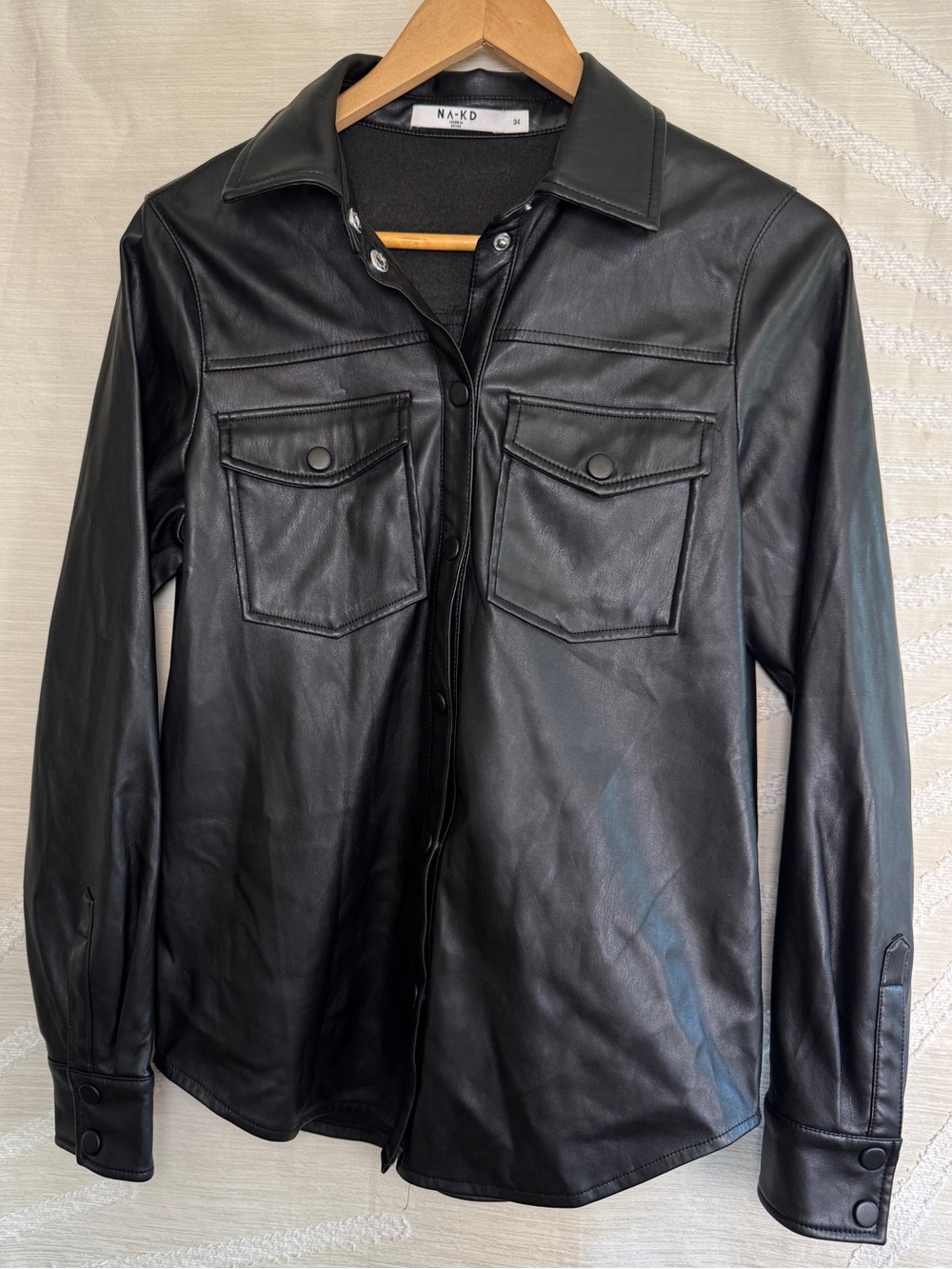 NA-KD Women’s 34 Extra Small Black Faux Leather Shirt Jacket Shacket - Picture 2 of 8